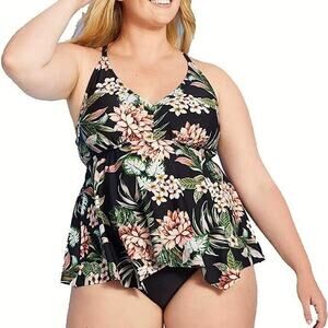 NEW Kona Sol Womens Plus Size 3X 24W - 26W Tankini Top Tropical Floral Swimwear